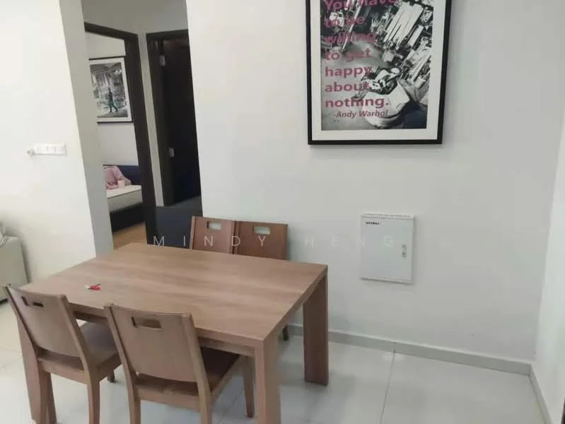 Dining features: wooden dining table, 4 wooden dining chairs, white painted walls, tile flooring, framed artwork on wall, air conditioning unit on wall; style: modern. Room features: grey sofa visible in background, white painted walls, doorway leading to another room.