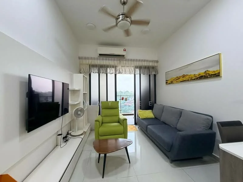 Living features: 3-seater fabric sofa in grey, single armchair in green, wooden coffee table, wall-mounted TV, floor-mounted fan, 1 wall-mounted split AC, large windows with sheer curtains, white painted walls, glossy tile flooring, recessed downlights, ceiling fan with light; style: modern; view: city.
