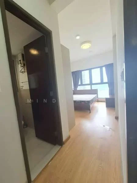 Room features: wooden flooring, white painted walls, floor-to-ceiling windows, curtains, ceiling light, bed frame without mattress, nightstand, door leading to bathroom or closet; style: modern; view: city.