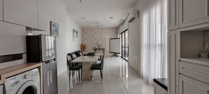 Kitchen features: stainless-steel fridge, built-in oven, front-load washing machine, white cabinetry, black countertop, ceramic tile flooring, recessed downlights, wall-mounted split AC; style: modern. Dining features: 6-seater dining table, upholstered dining chairs, pendant lamp, floor-to-ceiling windows, white walls, sliding glass door, ceramic tile flooring, ceiling fan; style: modern. Living features: sofa, coffee table, TV console, wall-mounted TV, area rug, white walls, recessed downlights, floor-to-ceiling windows; style: modern.