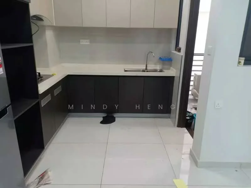 Kitchen features: L-shaped kitchen layout, grey cabinetry, white countertop, single-bowl stainless-steel sink, chrome pull-down faucet, built-in oven, stainless-steel fridge, ceramic tile flooring, white walls, recessed downlights; style: modern.