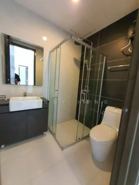 Bathroom features: single-sink vanity with dark wood cabinet, white ceramic sink, chrome basin mixer faucet, framed mirror, walk-in shower with glass enclosure, rain shower head, handheld shower, one-piece toilet, tile cladding on walls, white tiled flooring, recessed downlights; style: modern.