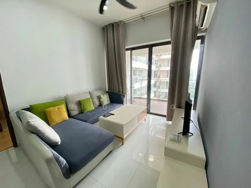 Living features: 3-seater fabric sofa in blue, decorative cushions in green and grey, white coffee table, wall-mounted TV, floor-to-ceiling windows, curtains in light grey, white tiled flooring, wall-mounted split AC, ceiling fan; style: modern; view: garden.