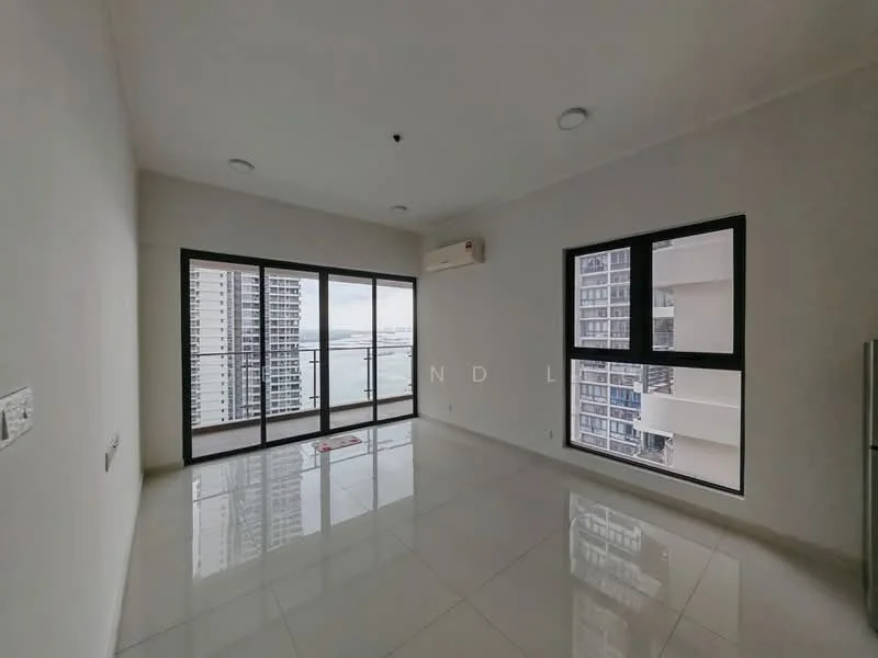 Living features: white painted walls, glossy tile flooring, floor-to-ceiling windows, sliding glass door, air conditioning unit, recessed downlights, view of city skyline, balcony access; style: modern; view: city.