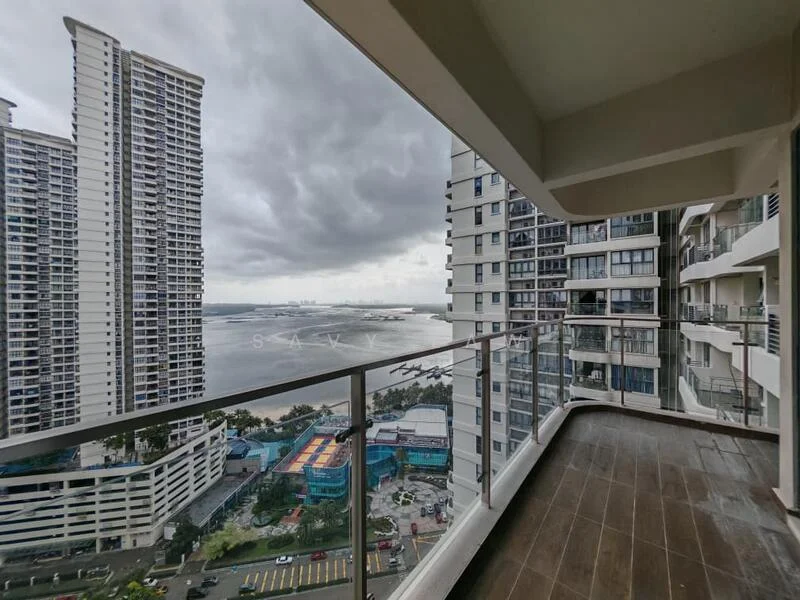 Balcony features: glass railing, tile flooring, city skyline view, waterfront view, overcast sky, adjacent high-rise buildings; style: modern; view: city.