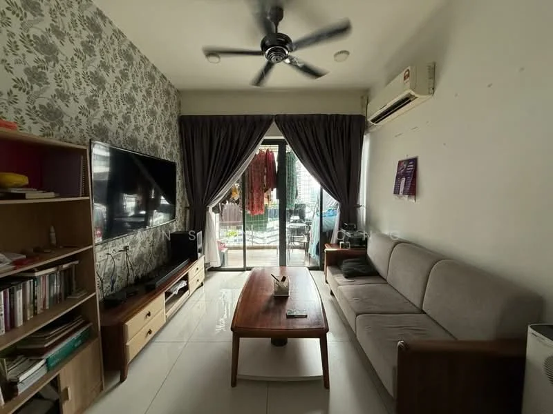 Living features: 3-seater fabric sofa in light grey, wooden coffee table, wall-mounted TV, bookshelf with open shelving, decorative plants, floor-to-ceiling windows, curtains in dark grey, wallpaper with floral pattern, white tiled flooring, wall-mounted split AC, ceiling fan with light; style: modern; view: city.