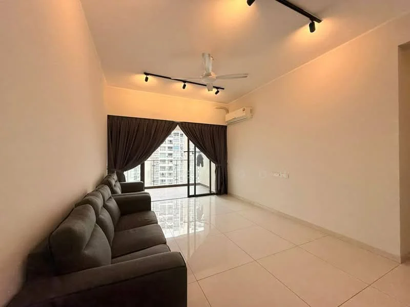 Living features: 3-seater fabric sofa in grey, floor-to-ceiling windows, sliding glass door, curtains, ceiling fan, recessed LED downlights, white painted walls, glossy tile flooring, air conditioning unit, decorative wall, area rug; style: modern; view: city.