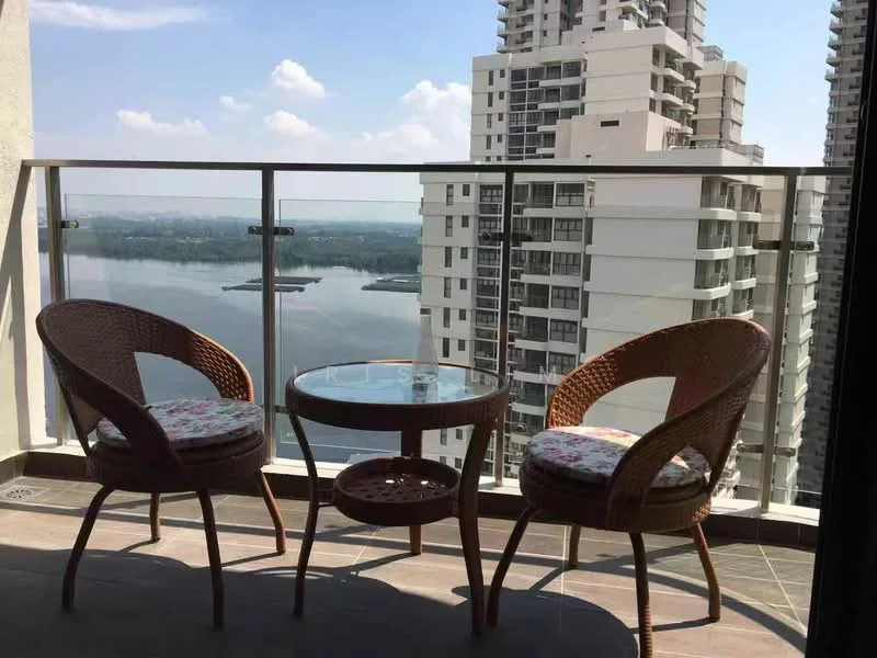 Balcony features: two rattan chairs, round glass table, tile flooring, glass railing, view of water, view of buildings, outdoor space, sunny atmosphere; style: modern; view: water.