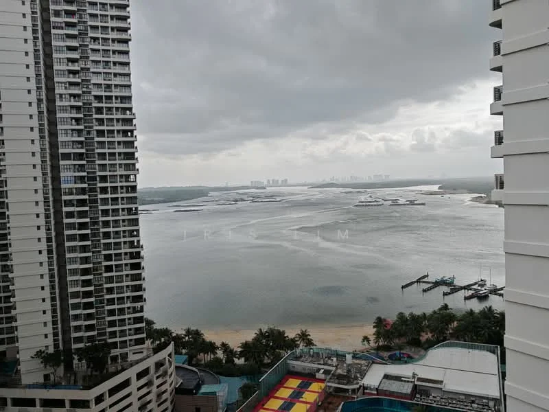 Exterior type: high-rise condominium; features: waterfront view, city skyline in background, surrounded by greenery, balcony visible, swimming pool deck below, beach area visible; style: modern.