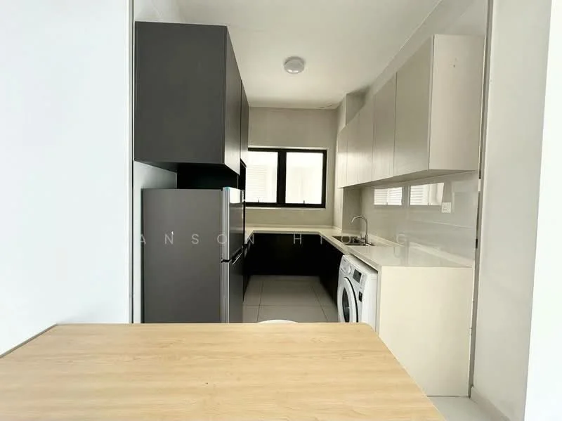 Kitchen features: black cabinetry, white countertop, stainless-steel fridge, built-in washing machine, single-bowl stainless-steel sink, chrome pull-down faucet, tile flooring, window with blinds, light fixture, breakfast bar, open shelving; style: modern.