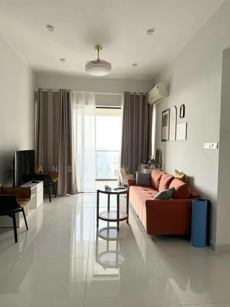 Living features: orange fabric sofa, round wooden coffee table, black armchair, TV console, wall-mounted TV, floor-to-ceiling windows, sheer curtains, recessed downlights, glossy tile flooring, air conditioning unit, decorative wall art, neutral painted walls; style: modern; view: city.