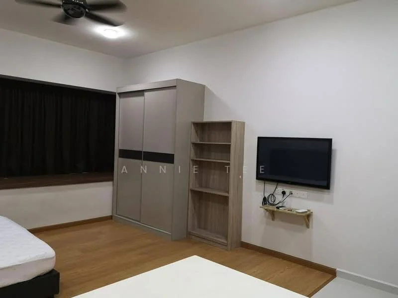 Room features: wooden flooring, white painted walls, blackout curtains, built-in wardrobe with sliding doors, open shelving unit, wall-mounted TV, ceiling fan, window with view, bedside table, mattress on bed frame; style: modern.