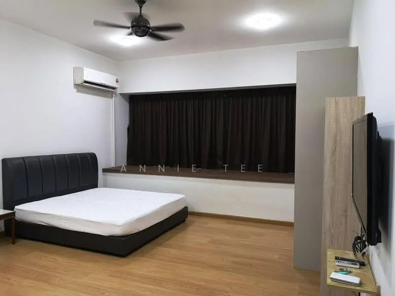 Bedroom features: queen-size bed frame without mattress, black upholstered headboard, wooden flooring, wall-mounted TV, TV console, window with black curtains, air conditioning unit, ceiling fan, light fixture, built-in wardrobe; style: modern.