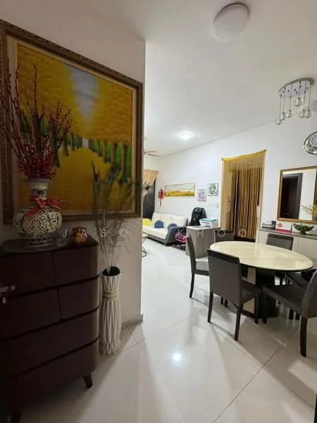 Dining features: round dining table, upholstered dining chairs, white walls, tile flooring, decorative painting on wall, ceiling light fixture, curtains, sideboard cabinet, decorative vase, plant in pot; style: modern. Room features: white walls, tile flooring, ceiling light fixture.