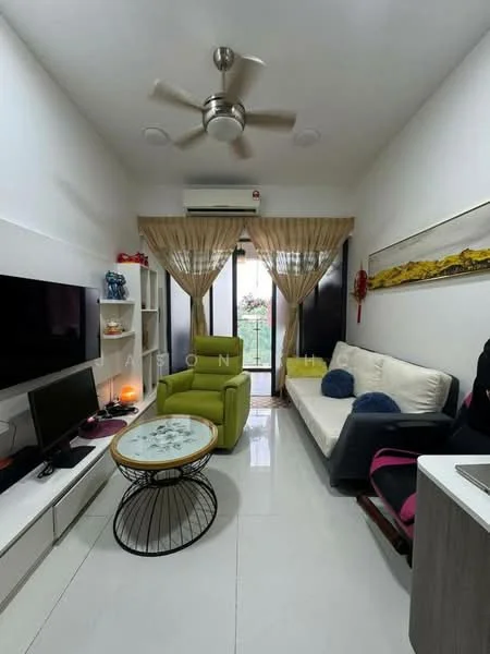 Living features: 5-blade ceiling fan with light, wall-mounted TV, TV console, 2-seater fabric sofa in white, armchair in green, coffee table with glass top, decorative wall art, curtains, sliding glass door, floor-to-ceiling windows, white painted walls, polished tile flooring, air conditioning unit; style: modern; view: garden.