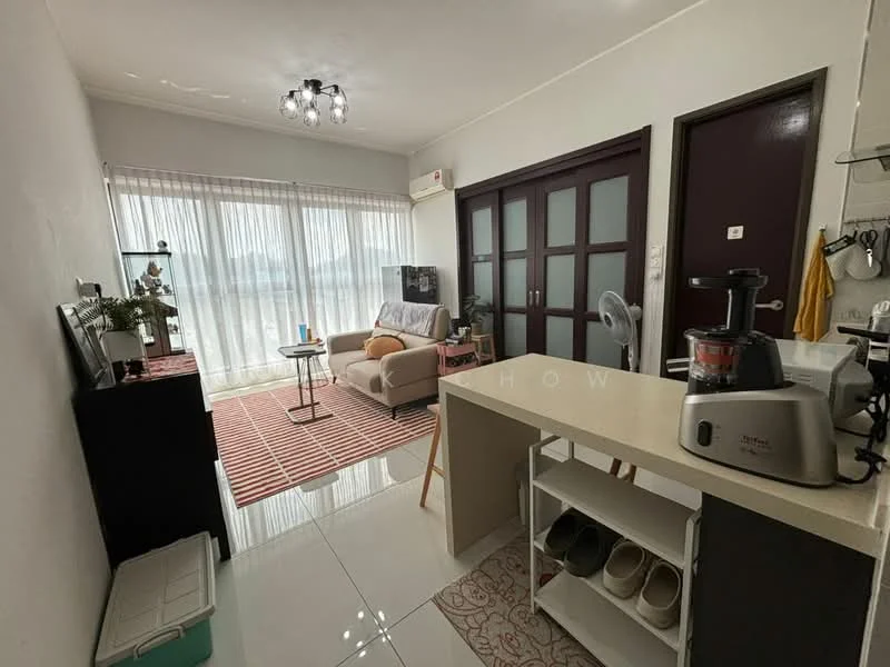 Living features: white painted walls, glossy tile flooring, 5-blade ceiling fan with light, sofa in beige, coffee table, TV console, wall-mounted TV, area rug with geometric pattern, floor-to-ceiling windows with sheer curtains, sliding glass door, decorative plants, open shelving unit, kitchen island with seating, kitchen appliances visible; style: modern; view: city.
