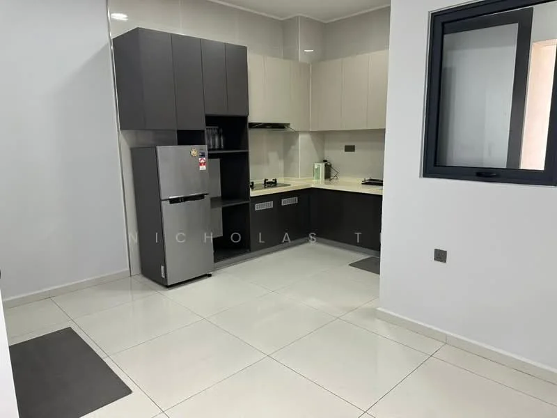 Kitchen features: grey and white cabinetry, stainless-steel fridge, built-in stove, white countertop, tile backsplash, single-bowl stainless-steel sink, chrome pull-down faucet, recessed downlights, ceramic tile flooring, window with black frame; style: modern.