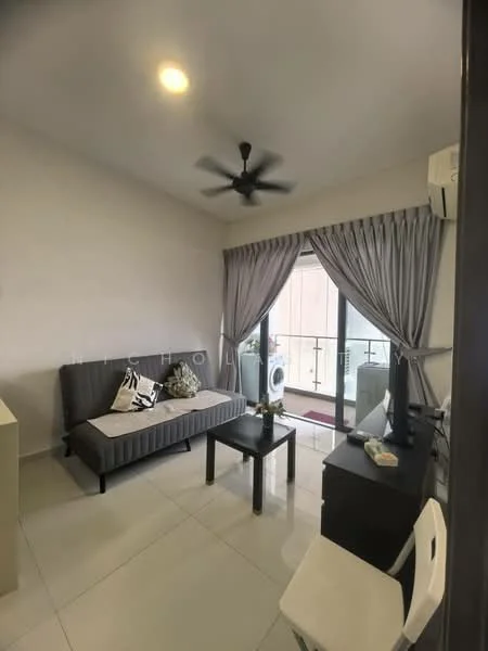 Living features: grey fabric sofa bed, black coffee table, white walls, white ceiling, 5-blade ceiling fan with light, floor-to-ceiling sliding glass door, curtains in grey, tile flooring, air conditioning unit, decorative wall art; style: modern.