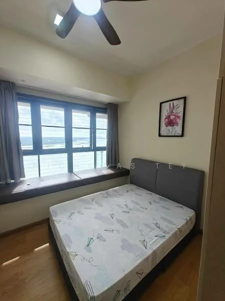 Bedroom features: queen-size bed, wooden flooring, floor-to-ceiling windows, window seat with cushion, grey upholstered headboard, framed artwork on wall, curtains, ceiling fan with light; style: modern.