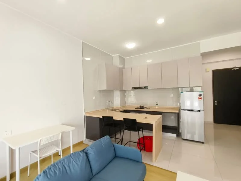 Kitchen features: light grey cabinetry, wood countertop, stainless-steel sink, chrome pull-down faucet, built-in gas hob, exhaust hood, stainless-steel fridge, white tiled backsplash, recessed downlights, open shelving, bar stools, white walls, tile flooring; style: modern. Living features: blue fabric sofa, white dining table, black dining chairs, wooden flooring, recessed ceiling lights; style: modern.