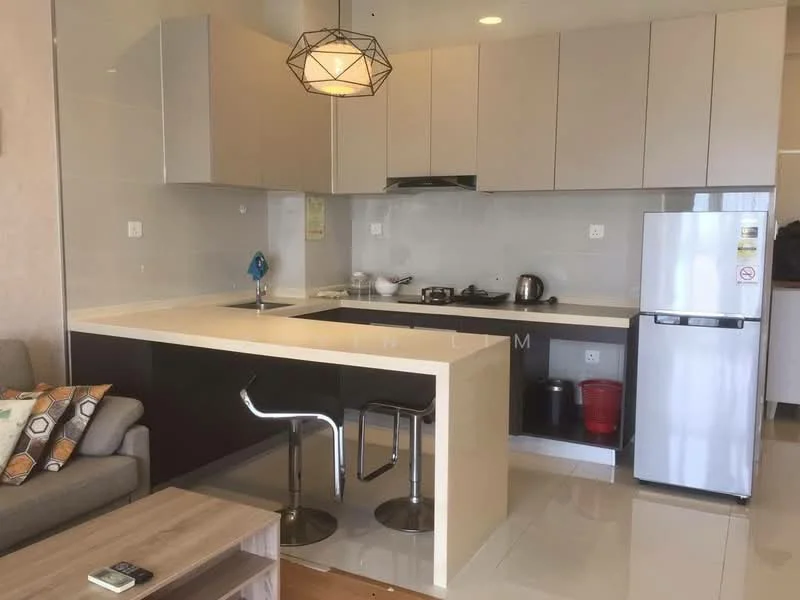 Kitchen features: white cabinets, dark wood lower cabinets, marble countertop, stainless-steel sink, chrome pull-down faucet, built-in stove, stainless-steel range hood, microwave, stainless-steel fridge, bar seating with two stools, pendant light fixture, ceramic tile flooring, wall-mounted cabinets, kettle, cooking utensils; style: modern.