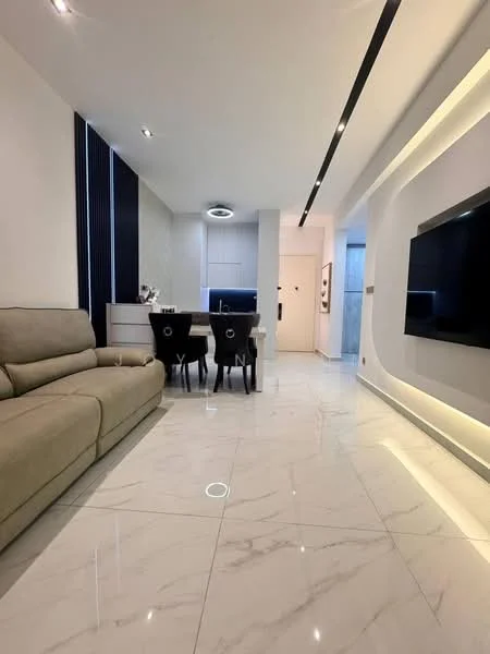 Living features: light grey leather sofa, marble tile flooring, recessed downlights, wall-mounted TV, feature wall with LED lighting, floor-to-ceiling windows with blinds, open layout to dining area; style: modern. Dining features: 4-seater dining table, black upholstered dining chairs, minimalist design, wall-mounted cabinetry, open kitchen area; style: modern.