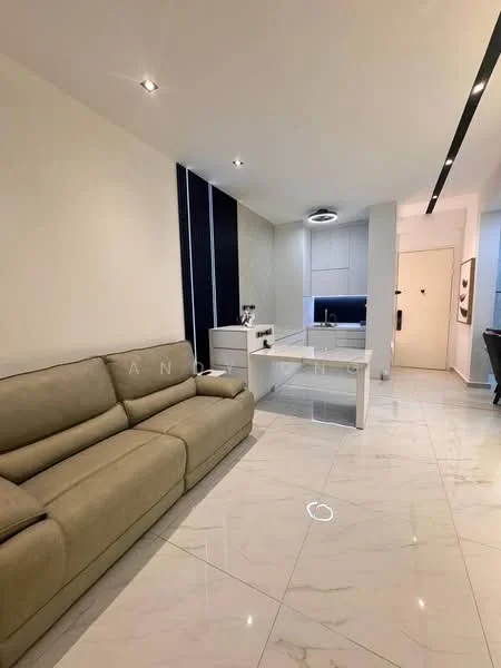 Living features: 3-seater fabric sofa in beige, marble tile flooring, recessed downlights, white painted walls, open-plan layout, kitchenette area visible, floor-to-ceiling windows, dining area in background; style: modern.