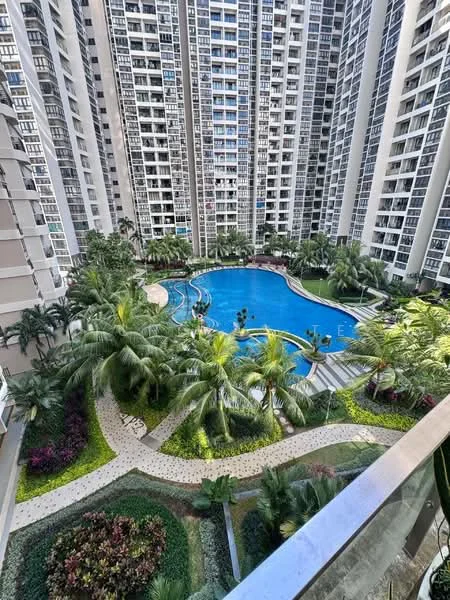 Exterior type: high-rise condominium; features: large swimming pool, landscaped garden with tropical plants, walking paths, manicured lawns, multiple palm trees, surrounding high-rise buildings, pool deck with loungers, water features, greenery surrounding the pool area; style: modern.
