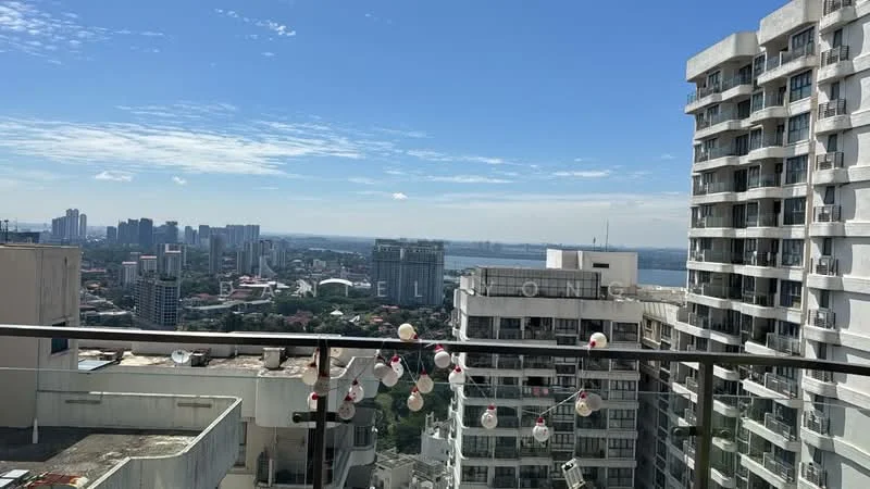 Exterior type: high-rise condominium; features: balcony with glass railing, city skyline view, decorative lanterns on balcony, surrounding high-rise buildings, clear blue sky, visible urban landscape; style: modern.