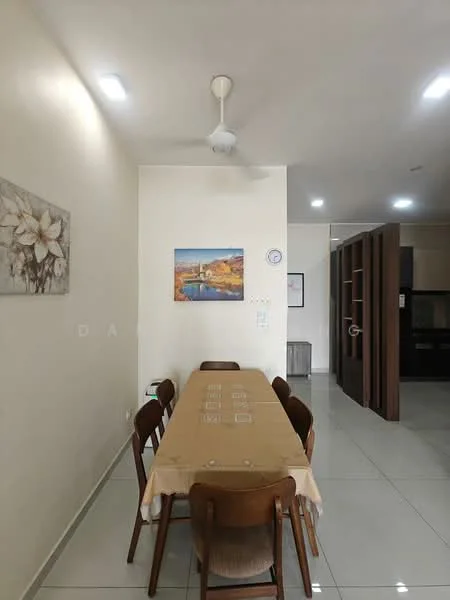 Dining features: rectangular dining table with beige tablecloth, 8 wooden dining chairs, cream painted walls, recessed LED downlights, wall-mounted artwork with floral design, wall-mounted artwork with landscape painting, ceramic tile flooring, open layout to kitchen area; style: modern.
