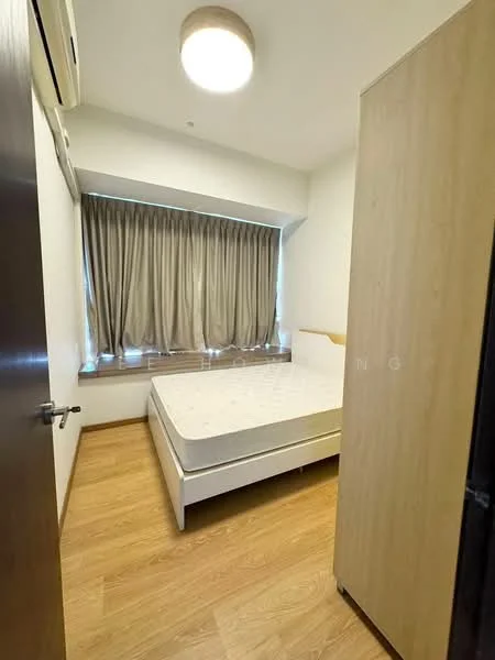 Bedroom features: queen-size bed, wooden flooring, floor-to-ceiling window, curtains, built-in wardrobe, ceiling light fixture, air conditioning unit, neutral painted walls; style: modern.