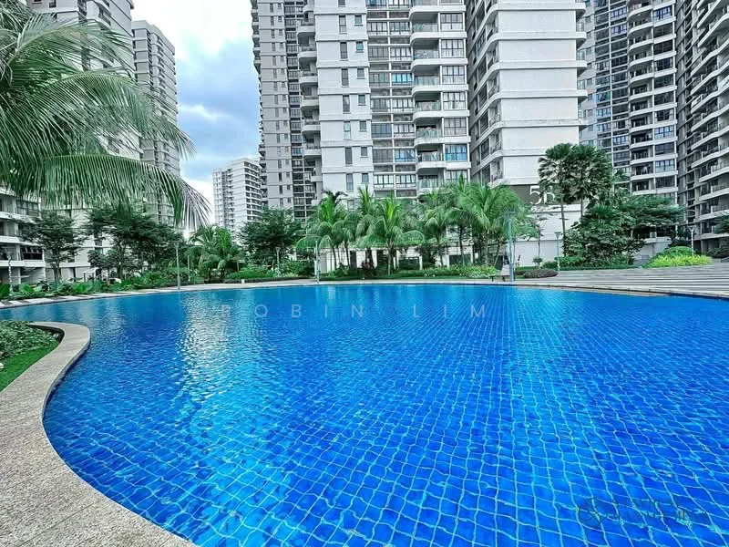 Exterior type: high-rise condominium; features: infinity pool, pool deck with loungers, tropical landscaping, palm trees, manicured lawn, surrounded by residential buildings; style: modern.