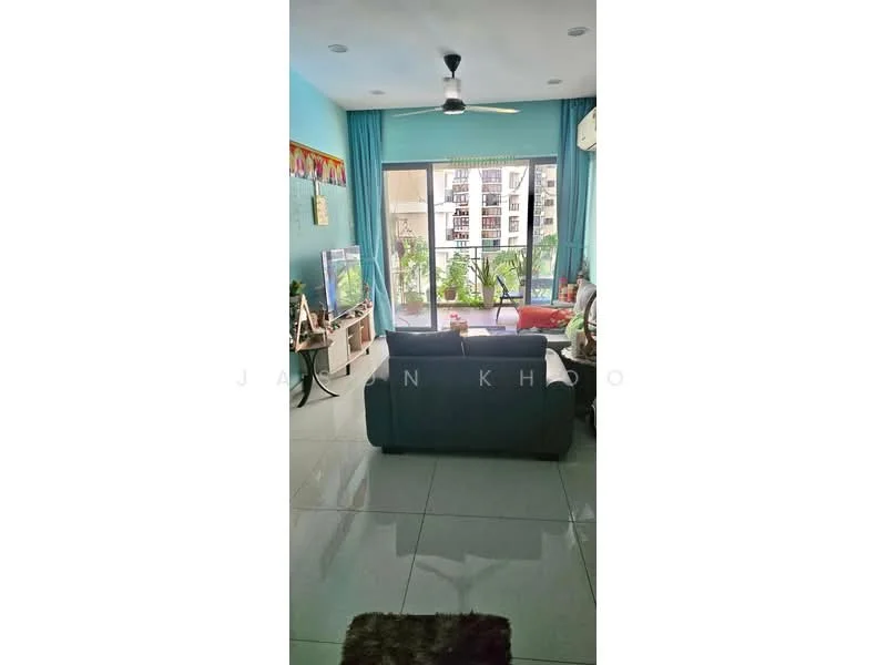 Living features: grey fabric sofa, coffee table, wall-mounted TV, floor-to-ceiling windows, sliding glass door, curtains, ceiling fan, decorative plants, light-colored walls, glossy tile flooring, area rug; style: modern; view: garden.