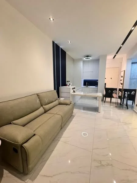 Living features: 3-seater fabric sofa in beige, marble tile flooring, recessed downlights, white painted walls, open-plan layout to kitchen, coffee table, wall-mounted TV, decorative wall paneling; style: modern. Kitchen features: white cabinetry, kitchen island, built-in appliances, stainless-steel sink, chrome faucet, dark countertop, tile backsplash; style: modern.