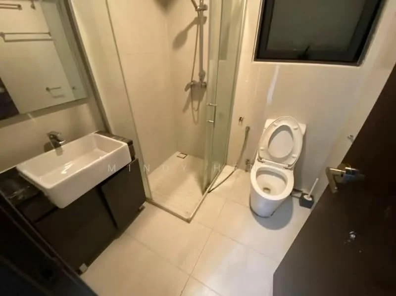 Bathroom features: white ceramic toilet, single-sink vanity with wood cabinet, chrome basin mixer faucet, glass shower enclosure, rain shower head, white tiled walls, light grey tiled flooring, mirror above vanity, window for natural light; style: modern.