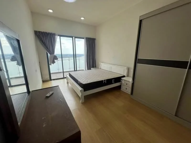Bedroom features: queen-size bed, floor-to-ceiling windows, city view, wooden flooring, white painted walls, dark wood dresser, built-in wardrobe with sliding doors, curtains, nightstand, remote control on dresser; style: modern; view: city.