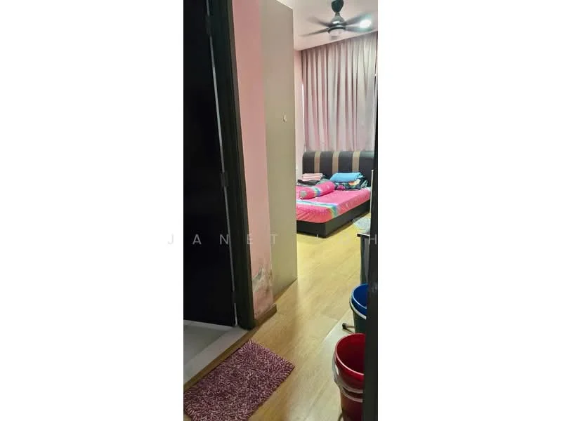 Room features: laminate flooring, pink bedspread, brown upholstered bed frame, ceiling fan, curtains, wall-mounted mirror, doorway, buckets, rug, wall paint in light color.