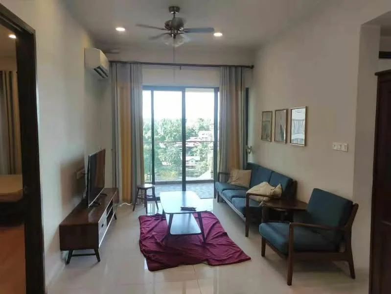 Living features: 3-seater fabric sofa in blue, 2-seater armchair in wood, wooden coffee table, TV console, wall-mounted TV, floor-to-ceiling windows, curtains in cream and grey, ceiling fan with light, marble tile flooring, decorative wall art, area rug, view of greenery; style: modern; view: garden.