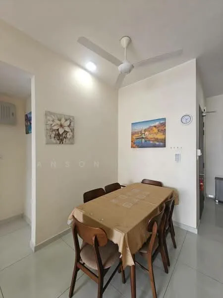 Dining features: dining table with beige tablecloth, 6 wooden dining chairs, white painted walls, grey tile flooring, ceiling fan, framed artwork on wall, wall clock, light switch panel; style: modern. Room features: open space leading to another room, light switch panel.
