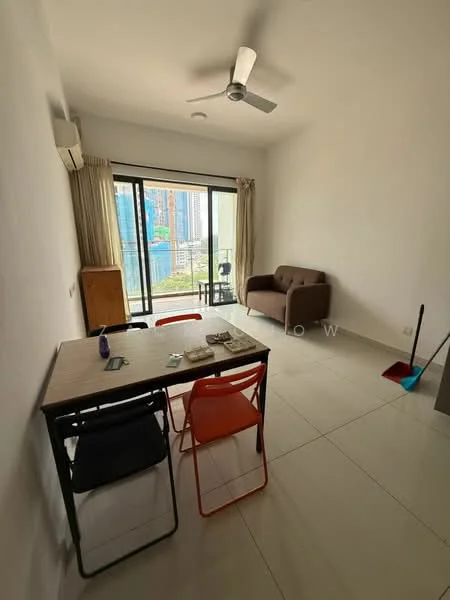 Living features: white painted walls, tile flooring, 5-blade ceiling fan with light, floor-to-ceiling windows, sliding glass door, brown fabric sofa, dining table with 4 chairs, air conditioning unit, decorative items on table, broom and dustpan in corner; style: modern; view: city.