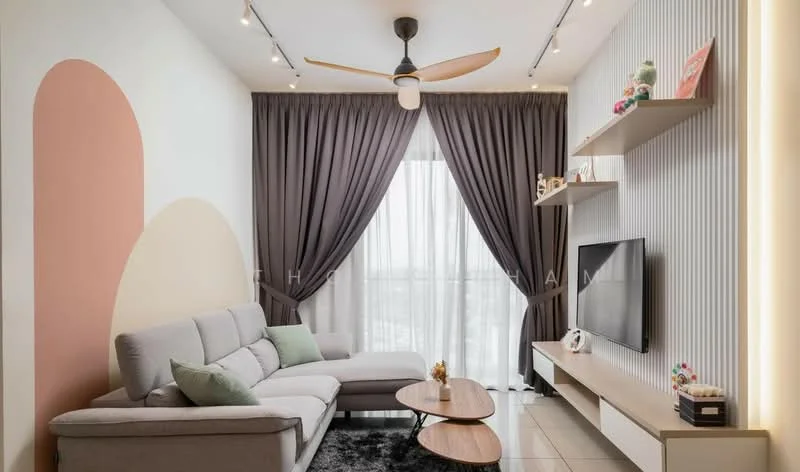 Living features: 3-seater fabric sofa in light grey, round wooden coffee table, wall-mounted TV, TV console with storage, floor-to-ceiling windows with sheer curtains, dark grey curtains, recessed LED downlights, ceiling fan with light, textured accent wall with vertical stripes, decorative items on shelves, area rug in dark color; style: modern; view: city.