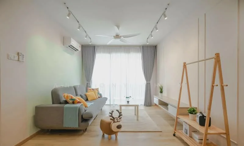 Living features: 3-seater fabric sofa in grey, yellow and blue decorative cushions, wooden coffee table, light wood flooring, floor-to-ceiling windows with sheer curtains, 5-blade ceiling fan with integrated LED light, wall-mounted air conditioning unit, light grey accent wall, decorative wooden shelving unit, houseplant in ceramic pot, decorative reindeer figurine; style: modern.