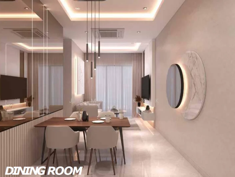 Dining features: rectangular wooden dining table, 4 upholstered dining chairs in white, pendant lighting fixtures, recessed ceiling lights, wall-mounted TV, decorative round mirror, light-colored wall panels, marble flooring, curtains for window treatment, open shelving with decorative items; style: modern.