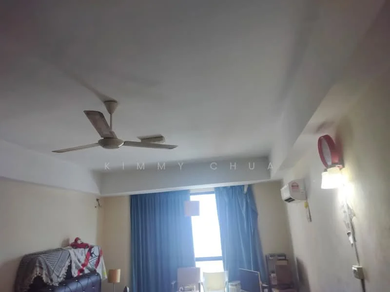 Room features: ceiling fan, white painted walls, blue curtains, floor-to-ceiling window, air conditioning unit, wooden furniture, light fixture, sofa, dining chairs.
