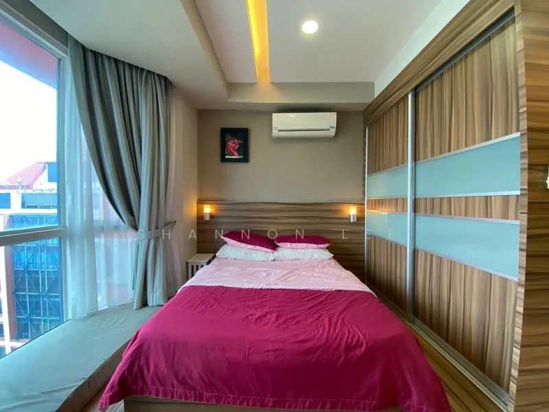 Bedroom features: king-size bed with pink bedding, wood panelled feature wall, floor-to-ceiling windows, curtains in grey, air conditioning unit, built-in wardrobe with sliding doors, nightstand, wall-mounted artwork; style: modern; view: city.