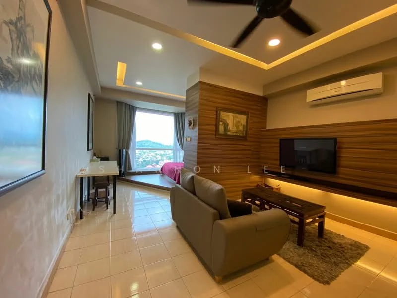 Living features: 3-seater fabric sofa in beige, wood coffee table, area rug with geometric pattern, wall-mounted TV, recessed downlights, ceiling fan, wood feature wall, white painted walls, tile flooring; style: modern; view: city. Room features: floor-to-ceiling windows, curtains, bed visible in background.