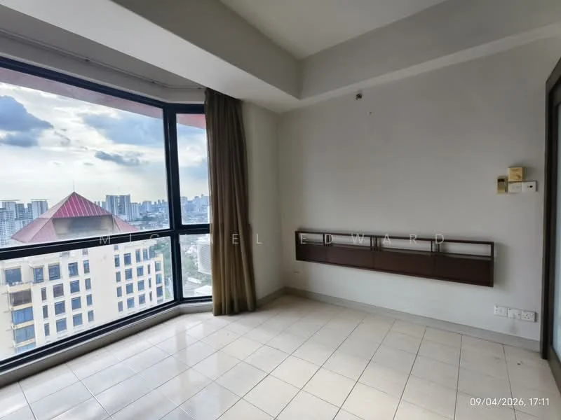 Room features: floor-to-ceiling windows, city view, cream painted walls, tile flooring, curtains, built-in wall shelf, light fixture, corner unit; style: modern; view: city.