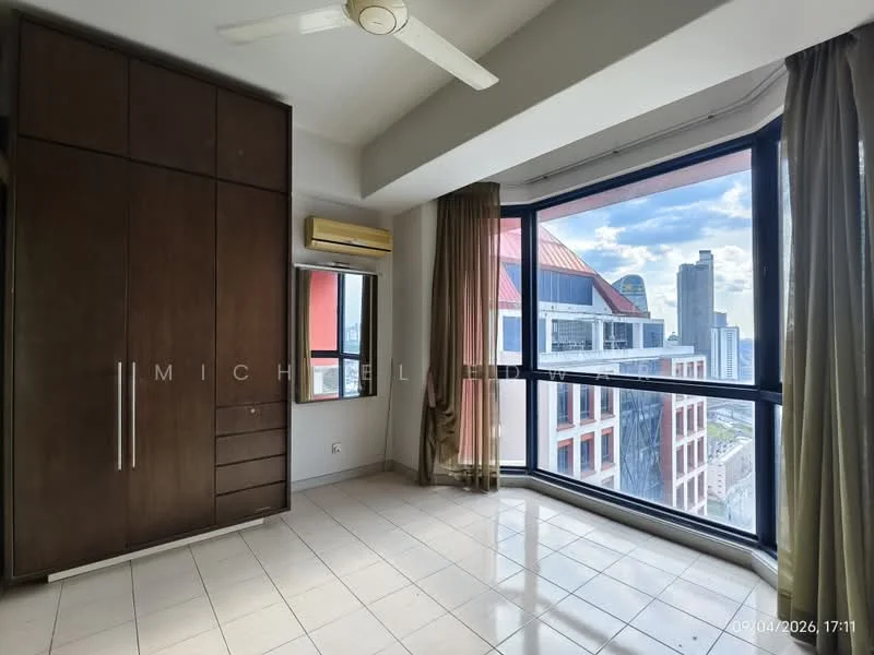 Bedroom features: floor-to-ceiling windows, city view, cream painted walls, white ceiling, 5-blade ceiling fan, built-in wardrobe with sliding doors, tile flooring, air conditioning unit; style: modern; view: city.