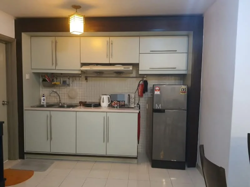 Kitchen features: light green cabinetry, stainless-steel sink, chrome pull-down faucet, built-in oven, freestanding range oven, microwave, stainless-steel fridge, white tiled backsplash, countertop with storage underneath, pendant light, ceramic tile flooring, wall-mounted range hood; style: modern.