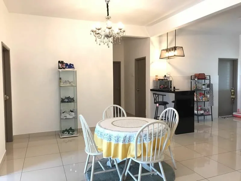 Dining features: round dining table with yellow tablecloth, 4 white wooden dining chairs, chandelier light fixture, polished ceramic tile flooring, glass display cabinet, black kitchen island with bar stools, wall-mounted shelving unit, neutral painted walls; style: modern. Room features: neutral painted walls, doorways leading to other rooms.